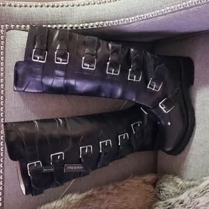 NWT Cavallini Black Leather Kneehigh Moto Boots